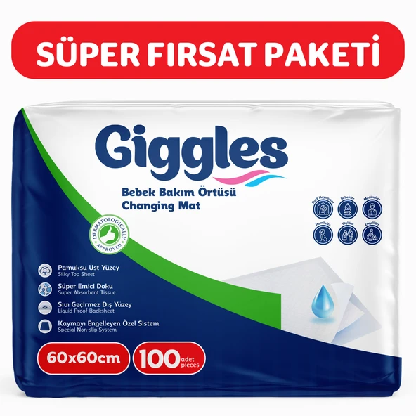 Giggles Bebek Bakım Örtüsü 60x60 Alt Açma Bezi 10 Paket (100 adet) ürün görseli 1