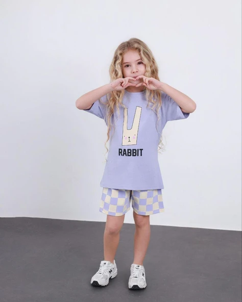 Cg Kids Rabbit Tavşan Baskılı Tshirt & Damalı Şort Lila Alt Üst Takım Süper Kalite ürün görseli 1