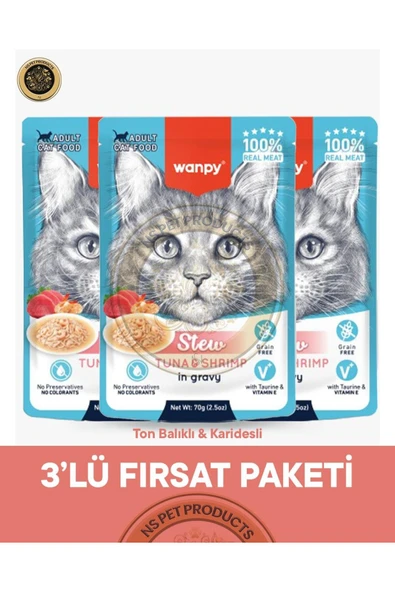 Pouch Ton Balık & Karides Yetişkin Kedi Yaş Maması Seti 3x70 gr ürün görseli 1