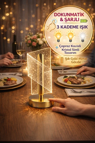 Dokunmatik Şarjlı LED Masa Lambası Gold Kristal Dekoratif 3 Işık Modlu Kablosuz Aydınlatma ürün görseli 1