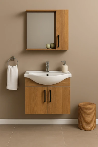 Dmz Home Lacrime 65 cm, Ahşap renkli, Tamamı MDF, Oval Seramik Lavabolu, Aynalı, Alt ve Üst Dolaplı, Banyo Dolabı Takımı ürün görseli 1