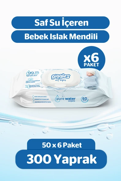 Giggles Pure Water Bebek Islak Havlusu %99 Saf Su Mendil 6 paket 300 Adet ürün görseli 1