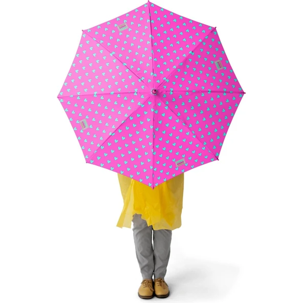 Coral High Kids Neon Pembe Su Yeşili Kalp Desenli Çocuk Şemsiyesi 12660 ürün görseli 1