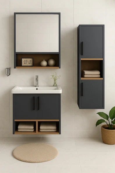 Dmz Home Legna 65 cm Antrasit-Ahşap Renkli, Seramik Lavabolu, Alt - Üst ve Boy Dolaplı Mdf Banyo Dolabı Seti ürün görseli 1
