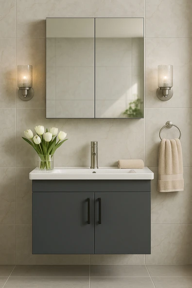 Dmz Home Liventa 65 cm, Antrasit renkli, Tamamı MDF, Seramik Lavabolu, Aynalı, Alt ve Üst Dolaplı, Banyo Dolabı Takımı ürün görseli 1