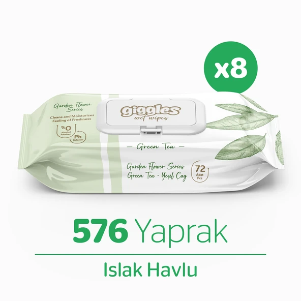 Giggles Yeşilçay Kokulu Islak Havlu 72'li 8 Paket 576 Mendil ürün görseli 1