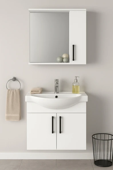 Dmz Home Lacrime 65 cm, Beyaz Renkli, Tamamı MDF, Oval Seramik Lavabolu, Aynalı, Alt ve Üst Dolaplı, Banyo Dolabı Takımı ürün görseli 1