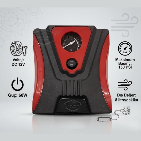 Taşınabilir Oto Hava Kompresörü Araç Hava Pompası 12V Mini Lastik Bot Şişirme Çakmaklık Girişli Basınç Göstergeli 150 PSİ 60W ürün görseli 1