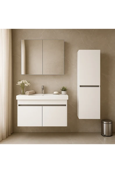 Dmz Home Arista 80CM Beyaz Renkli Mdf, Seramik Lavabolu, Alt - Üst ve Boy Dolaplı, Banyo Dolabı Seti ürün görseli 1
