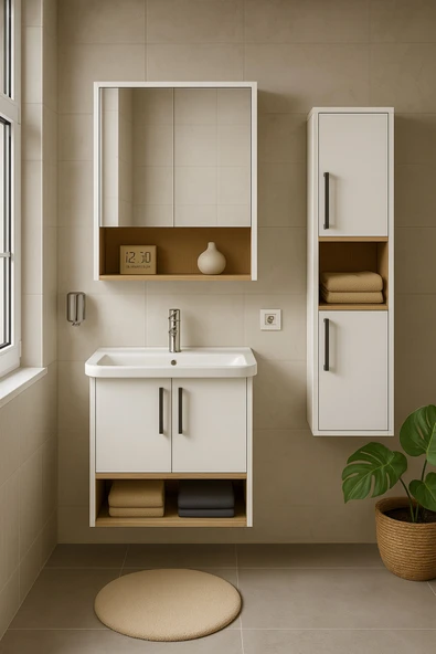 Dmz Home Legna 80 cm Beyaz-Ahşap Renkli, Seramik Lavabolu, Alt - Üst ve Boy Dolaplı Mdf Banyo Dolabı Seti ürün görseli 1