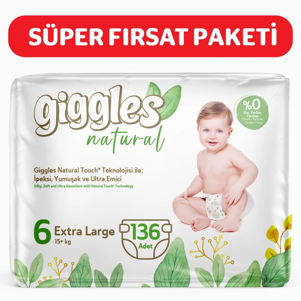 Giggles Natural 6 Numara Junior Plus Pamuklu Bebek bezi 136 Adet ürün görseli 1