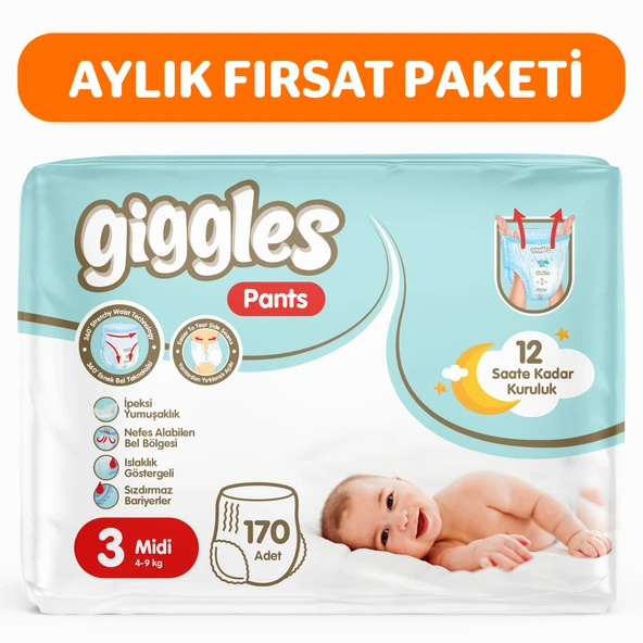 Giggles Pants Külotlu Bebek Bezi 3 Numara Midi 170 Adet ürün görseli 1