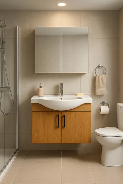 Dmz Home Nova 80 cm, Tamamı MDF, Ahşap Renkli, Oval Seramik Lavabolu, Aynalı, Alt ve Üst Dolaplı, Banyo Dolabı Takımı ürün görseli 1