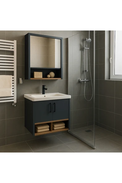 Dmz Home Legna 65 cm Banyo Dolabı Takımı,  Antrasit ve Ahşap, Tamamı MDF, Seramik Lavabolu, Alt ve Üst Dolaplı ürün görseli 1