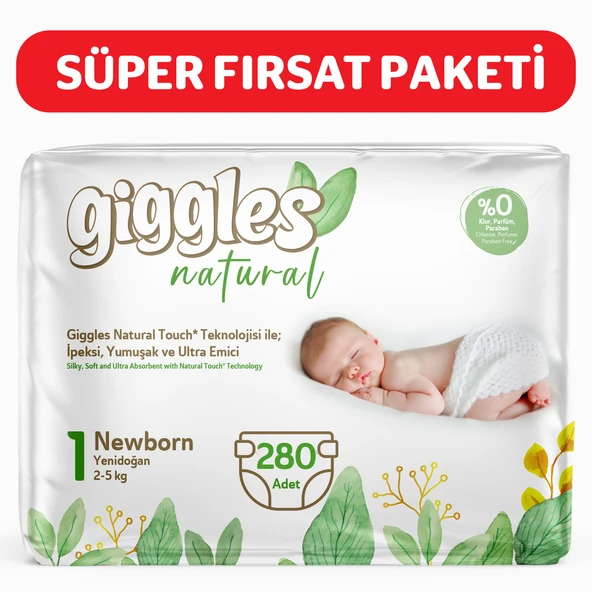 Giggles Natural 1 Numara Yenidoğan Pamuklu Bebek bezi 280 Adet ürün görseli 1
