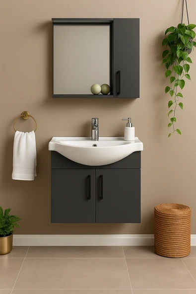 Dmz Home Lacrime 65 cm, Antrasit Renkli, Tamamı MDF, Oval Seramik Lavabolu, Aynalı, Alt ve Üst Dolaplı, Banyo Dolabı Takımı ürün görseli 1