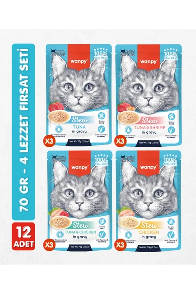 12li Karışık Yetişkin Kedi Yaş Maması 4 Lezzet Premium Kalite 12 x 70 gr ürün görseli 1