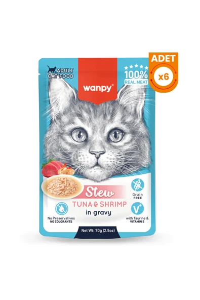Stew Sos İçinde Ton Balıklı ve Karidesli Yetişkin Konserve Kedi Maması 70 Gr 6 Adet ürün görseli 1