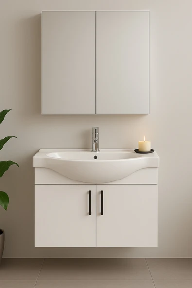Dmz Home Nova 80 cm, Tamamı MDF, Beyaz Renkli, Oval Seramik Lavabolu, Aynalı, Alt ve Üst Dolaplı, Banyo Dolabı Takımı ürün görseli 1
