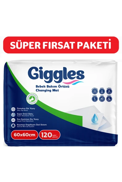 Giggles Bebek Bakım Örtüsü 60x60 Alt Açma Bezi 12 paket (120 adet) ürün görseli 1