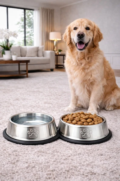 Devrilmez Kaydırmaz Taban Paslanmaz Çelik Kedi Köpek Mama ve Su Kabı 22 cm 500 ml 1 ADET ürün görseli 1