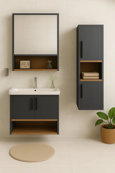 Dmz Home Legna 80 cm Antrasit-Ahşap Renkli, Seramik Lavabolu, Alt - Üst ve Boy Dolaplı Tamamı Mdf Banyo Seti ürün görseli 1