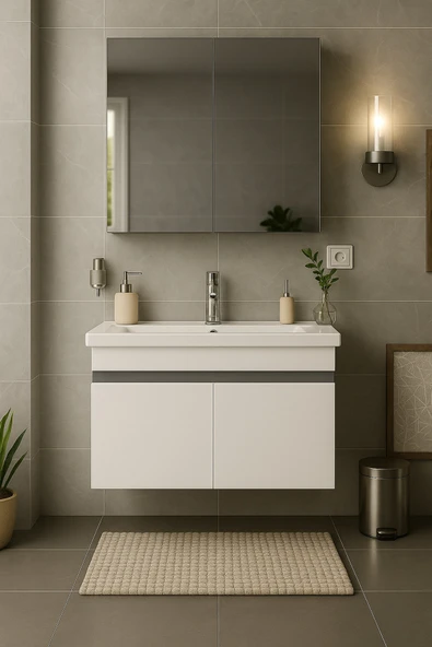 Dmz Home Arista 80 cm, Beyaz Renkli, Tamamı MDF, Seramik Lavabolu, Aynalı, Alt ve Üst  Dolaplı, Banyo Dolabı Takımı ürün görseli 1