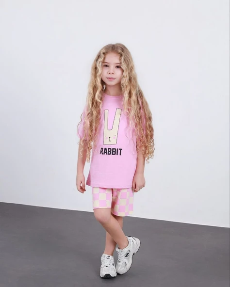 Cg Kids Rabbit Tavşan Baskılı Tshirt & Damalı Şort Pembe Alt Üst Takım Süper Kalite ürün görseli 1