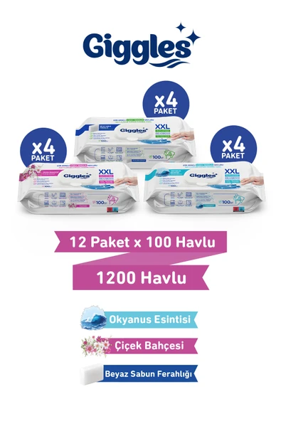 Giggles XXL İz Bırakmayan Yüzey Temizlik Havlusu -  (Beyaz Sabun-Çiçek Bahçesi-Okyanus Esintisi)  1200 Havlu ürün görseli 1