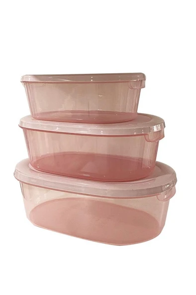 3'Lü Pembe, Oval Erzak Saklama Kabı ürün görseli 1