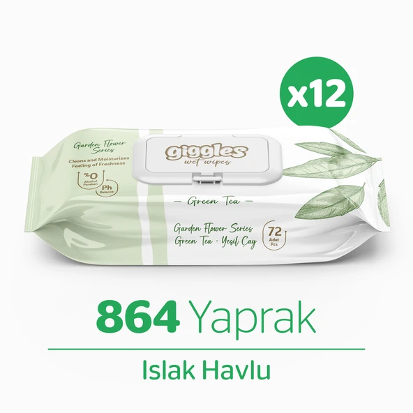 Giggles Yeşilçay Kokulu Islak Havlu 72'li 12 Paket 864 Mendil ürün görseli 1