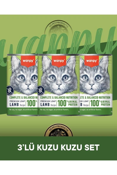 Tahılsız %100 Gerçek Et Kuzulu Ezme Kedi Konserve Maması Seti 3x375 gr ürün görseli 1