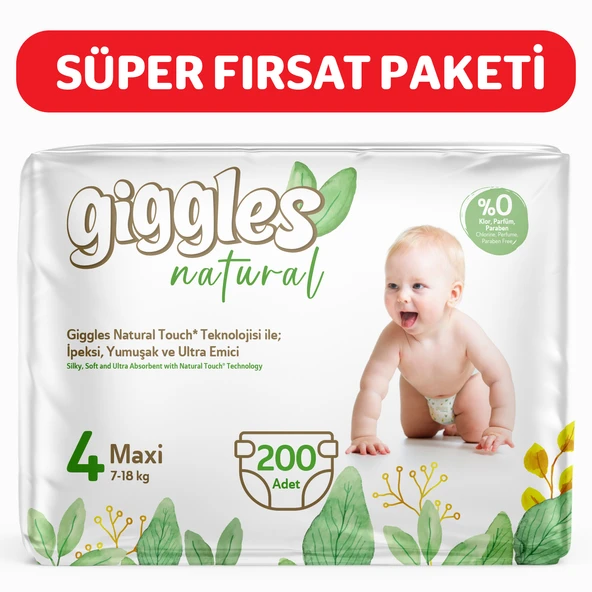 Giggles Natural 4 Numara Maxi Pamuklu Bebek bezi 200 Adet ürün görseli 1