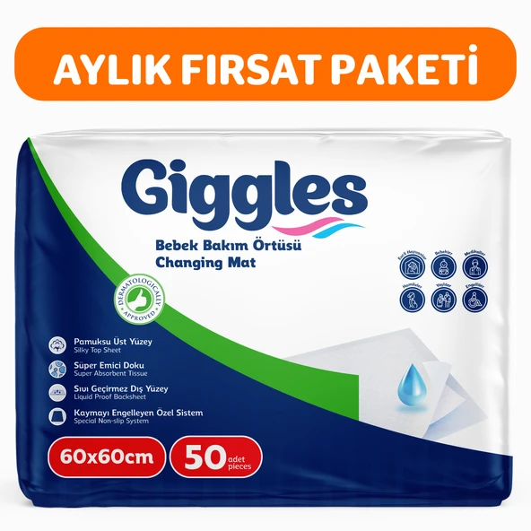 Giggles Bebek Bakım Örtüsü 60x60 Alt Açma Bezi 5 Paket (50 adet) ürün görseli 1