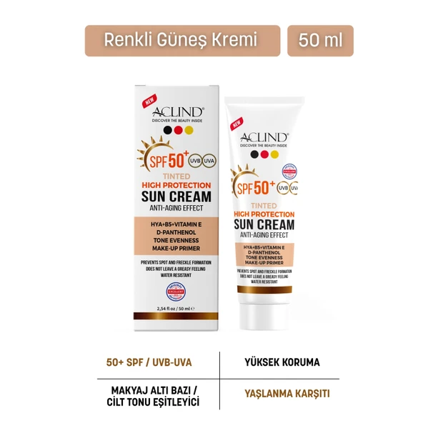 Aclind SPF 50+ Kapatıcı Etkili Renkli Yüz Güneş Kremi - Yaşlanma Karşıtı Cilt Tonu Eşitleyici 50 ml ürün görseli 1