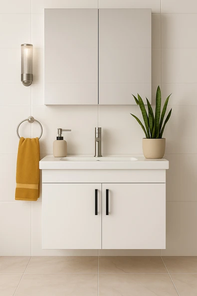 Dmz Home Liventa 65 cm, Beyaz Renkli, Tamamı MDF, Seramik Lavabolu, Aynalı, Alt ve Üst Dolaplı, Banyo Dolabı Takımı ürün görseli 1