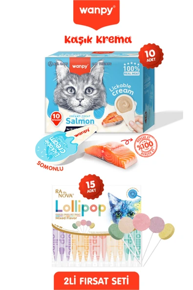 2li Set - Somonlu Tahılsız Kaşıklı Kedi Ödül Kreması ve 15'li Kedi Lolipopu Kedi Ödülü 10 x 16gr ürün görseli 1