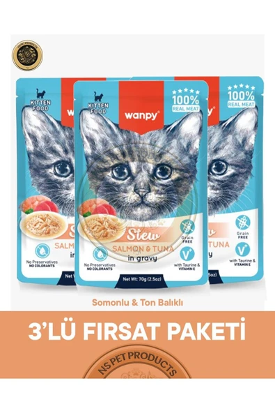 Pouch Somon & Ton Balık Yavru Kedi Yaş Maması Seti 3x70 gr ürün görseli 1