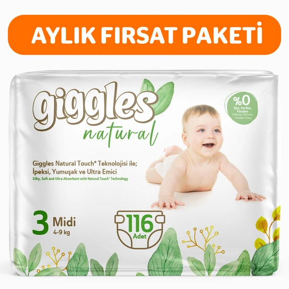 Giggles Natural 3 Numara Midi Pamuklu Bebek bezi 116 Adet ürün görseli 1