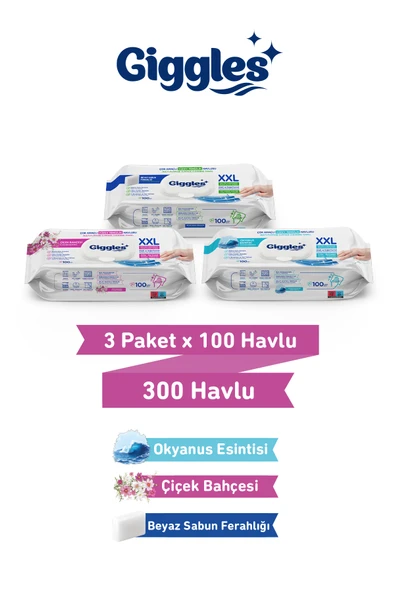 Giggles XXL İz Bırakmayan Yüzey Temizlik Havlusu -  (Beyaz Sabun-Çiçek Bahçesi-Okyanus Esintisi)  300 Havlu ürün görseli 1