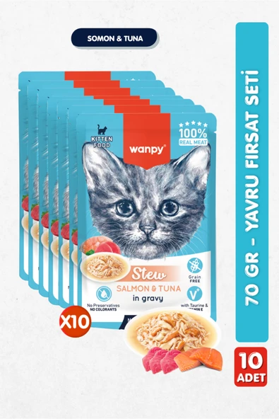 10lu Yavru Kedi Yaş Maması Somon & Ton Balıklı Premium Kalite 10 x 70 gr ürün görseli 1