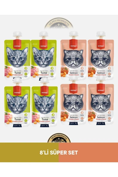 Ton Balık - Tavuk - Havuç & Somon - Tavuk - Havuç Kedi Et Ezmesi Kedi Ödül Maması Seti 8x90 gr ürün görseli 1