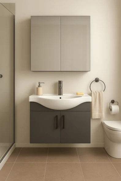 Dmz Home Nova 80 cm, Tamamı MDF, Antrasit Renkli, Oval Seramik Lavabolu, Aynalı, Alt ve Üst Dolaplı, Banyo Dolabı Takımı ürün görseli 1