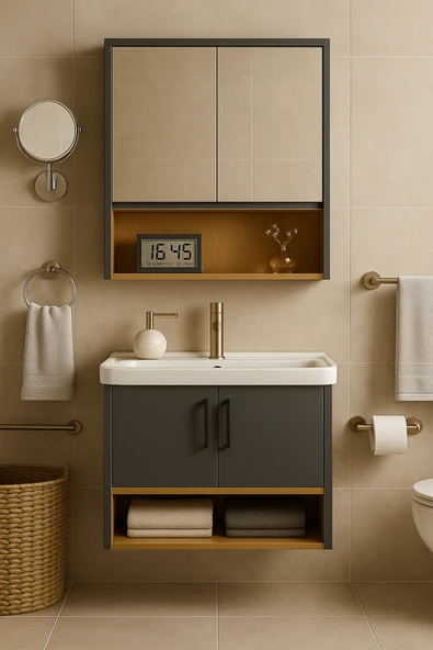 Dmz Home Legna 80 cm Antrasit / Ahşap Banyo Dolabı Takımı / Alt ve Üst Dolap (Lavabo Dahil) ürün görseli 1