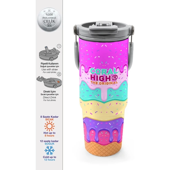Coral High Dondurma Desenli Pipetli ve Direkt Içim Çelik Termos 900 ml 38741 ürün görseli 1