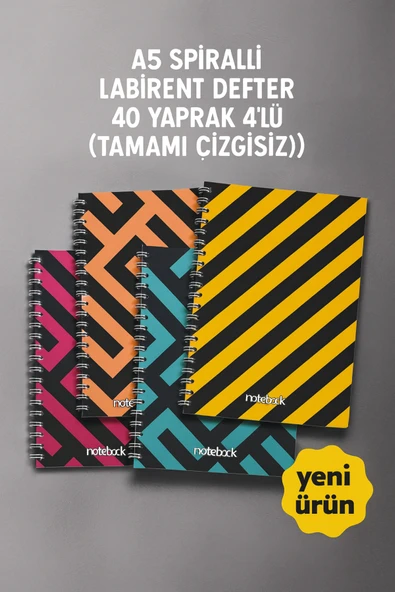 A5 Spiralli Labirent Defter 40 yaprak 4'lü (Tamamı Çizgisiz) ürün görseli 1