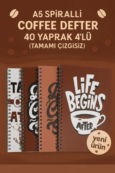A5 Spiralli Coffee Defter 40 yaprak 4'lü (Tamamı Çizgisiz) ürün görseli 1