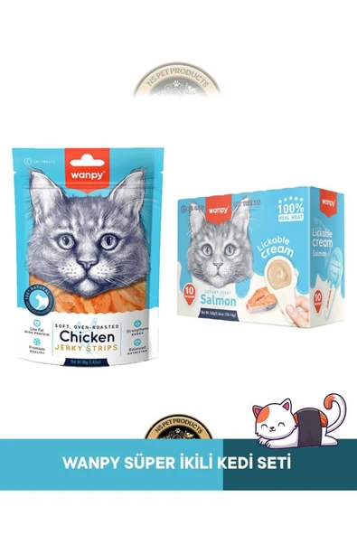 Gerçek Tavuk Fileto Jerky Strips Yumuşak 80 gr & Lickable Cream Somonlu 10x16 gr Kedi Ödül Mam ürün görseli 1