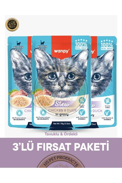 Pouch Tavuk & Ördek Yavru Kedi Yaş Maması Seti 3x70 gr ürün görseli 1
