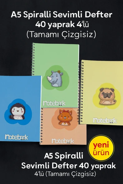 A5 Spiralli Sevimli Defter 40 yaprak 4'lü (Tamamı Çizgisiz) ürün görseli 1